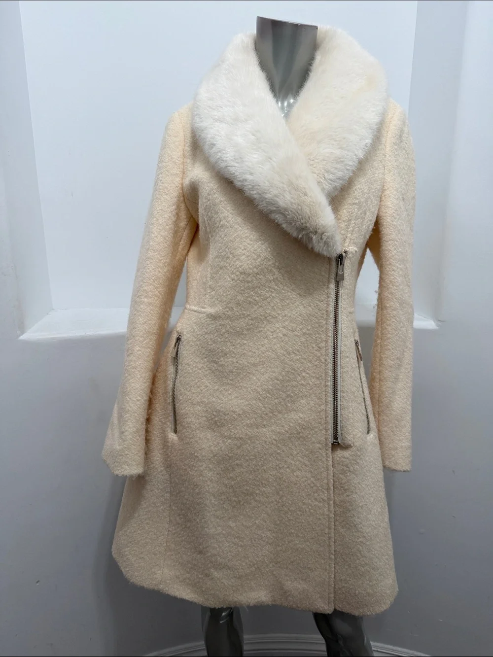 INC International Concepts S Ivory Wool Blend Faux Fur Collar Zip Coat
